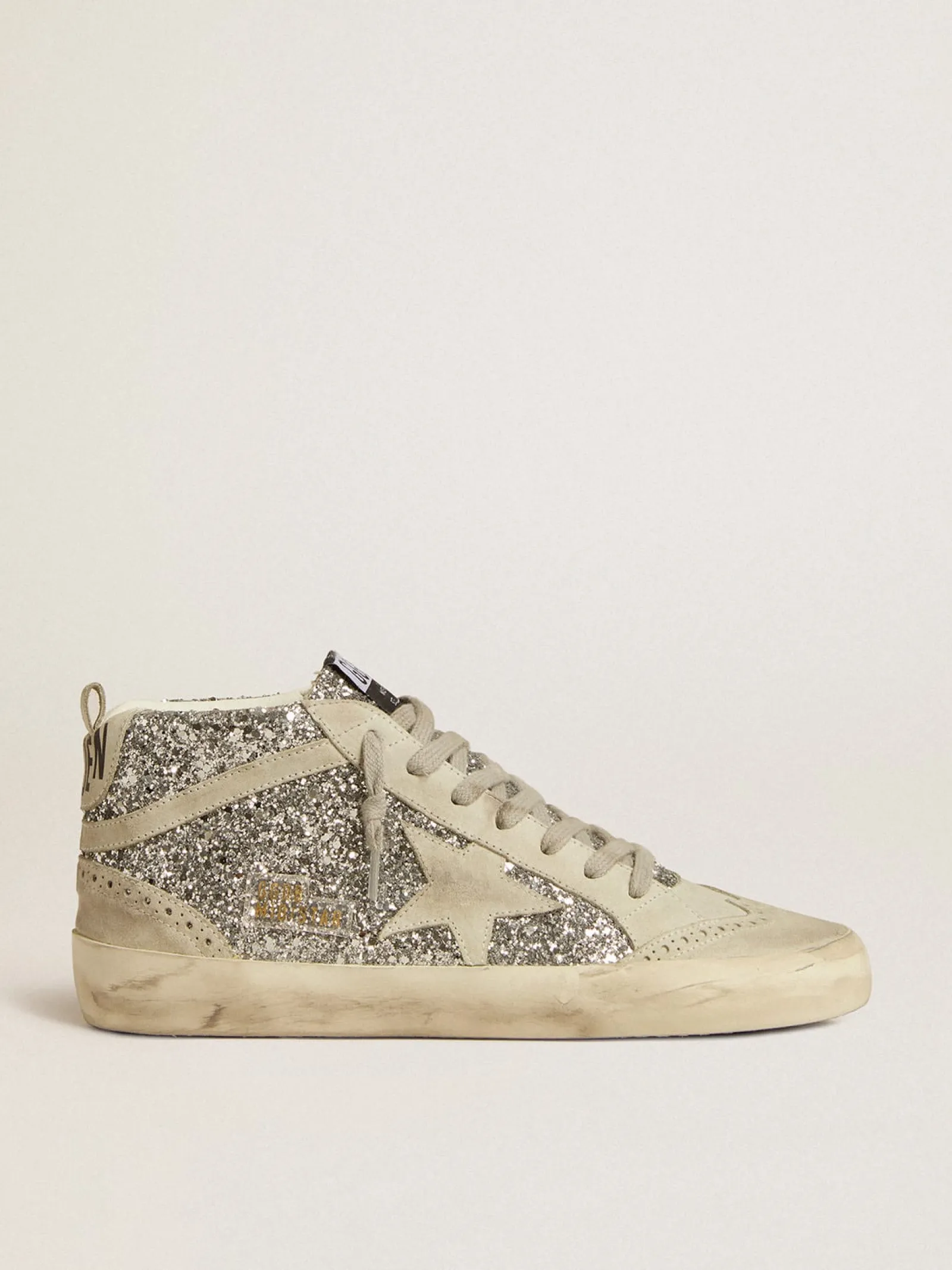 Fashion Golden Goose Mid Star de glitter prateado com estrela e lista de suede gelo Cabedal de glitter prateado