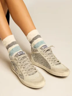 Fashion Golden Goose Mid Star de glitter prateado com estrela e lista de suede gelo Cabedal de glitter prateado