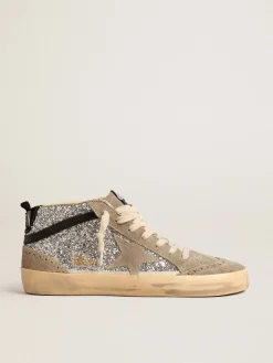 Flash Sale Golden Goose Mid Star de glitter prateado com estrela de suede e lista preta Cabedal de glitter prateado