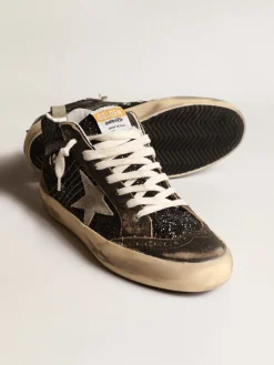Shop Golden Goose Mid Star de glitter preto, estrela e talão de suede havana-rosado Cabedal de glitter preto