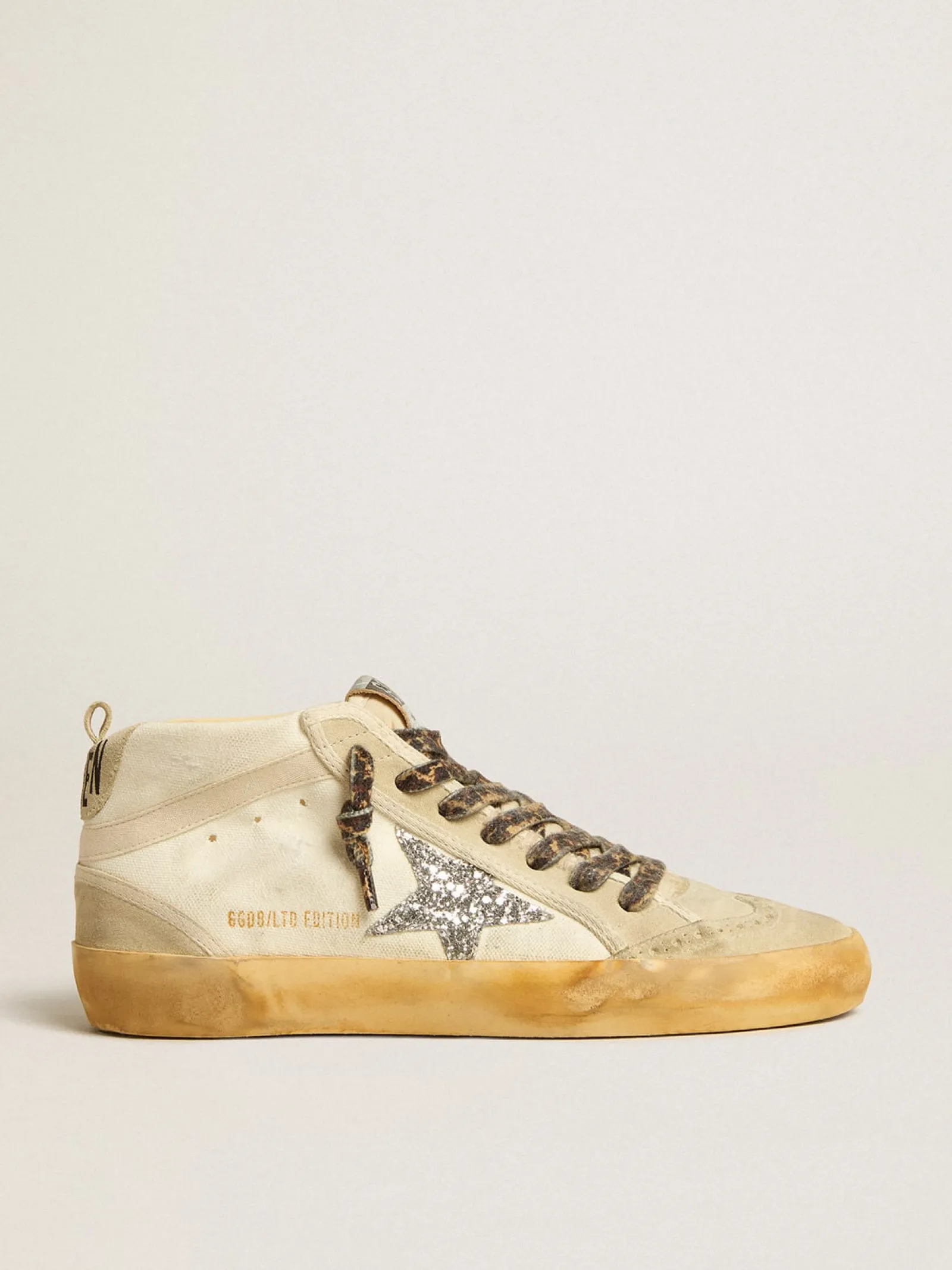 Best Sale Golden Goose Mid Star de lona com estrela de glitter prateado e lista bege Cabedal de lona bege claro