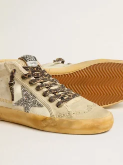 Best Sale Golden Goose Mid Star de lona com estrela de glitter prateado e lista bege Cabedal de lona bege claro
