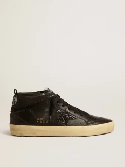 Sale Golden Goose Mid Star de napa preta com estrela de glitter preto e lista de suede Cabedal de napa preta