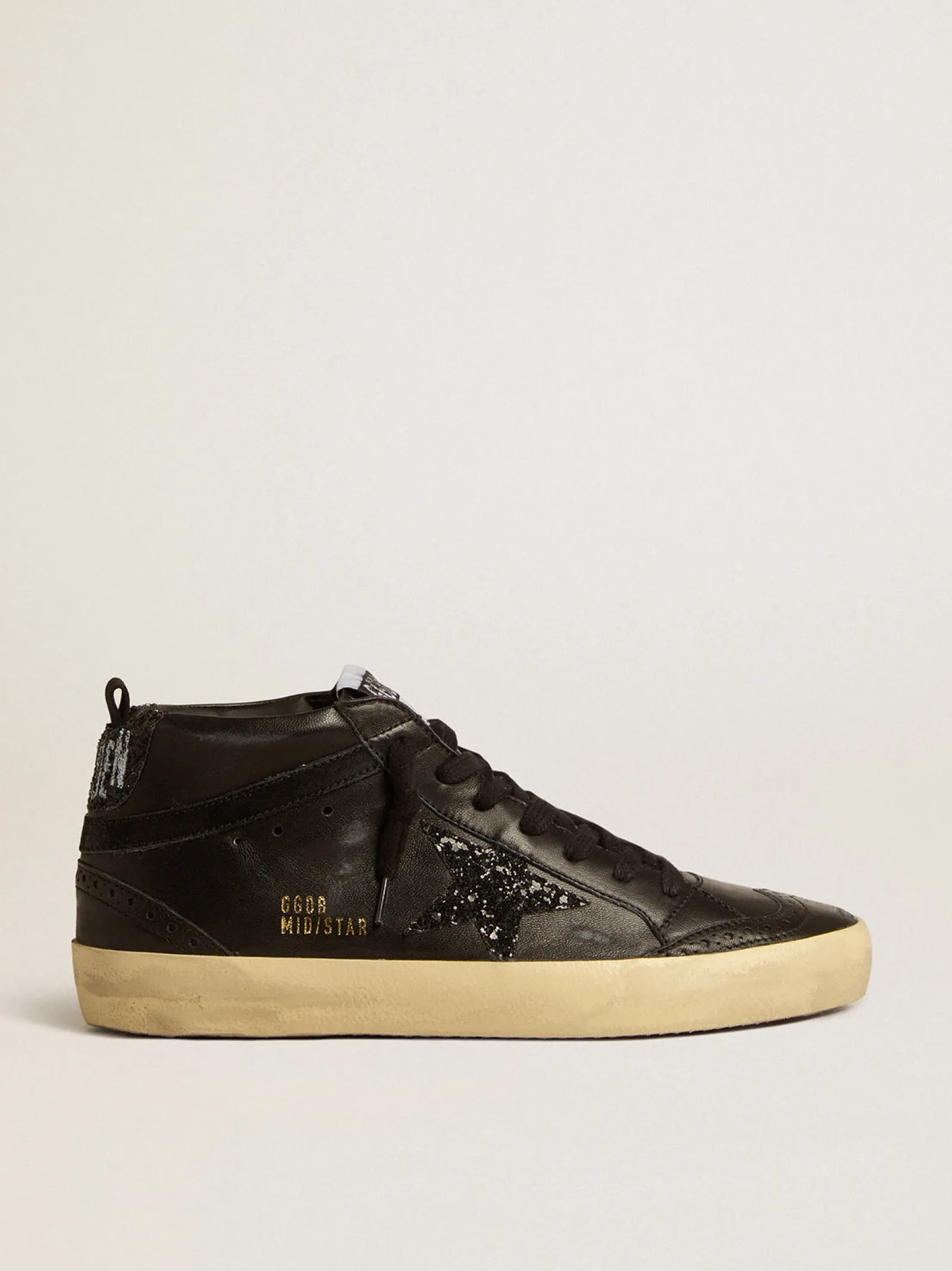 Sale Golden Goose Mid Star de napa preta com estrela de glitter preto e lista de suede Cabedal de napa preta