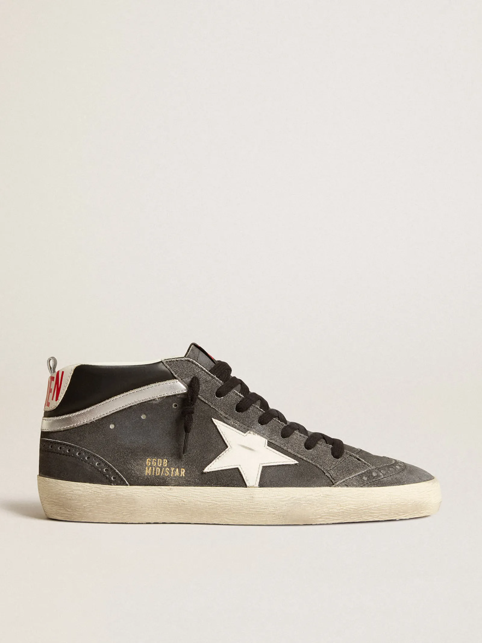 Sale Golden Goose Mid Star de suede preto com estrela de couro branco e lista prateada Cabedal de suede preto