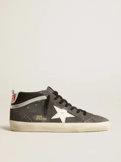 Sale Golden Goose Mid Star de suede preto com estrela de couro branco e lista prateada Cabedal de suede preto