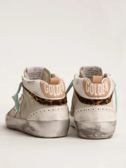 Sale Golden Goose Mid Star Feminino com estrela prateada e lista de couro cavalinho leopardo Cabedal em malha e couro nas cores branco e prata claro