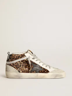 Outlet Golden Goose Mid Star feminino de cavalinho com estampa de leopardo e estrela preta Cabedal de couro cavalinho com estampa de leopardo nos tons de bege e marrom