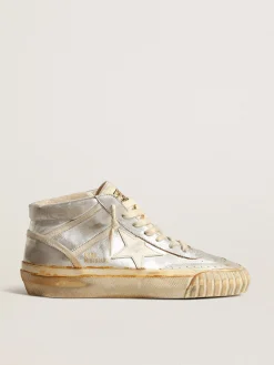 Fashion Golden Goose Mid Star Feminino de couro metálico prateado com estrela cor de marfim Cabedal de couro metálico prateado