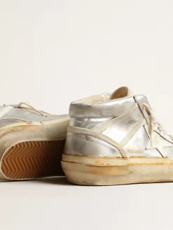 Fashion Golden Goose Mid Star Feminino de couro metálico prateado com estrela cor de marfim Cabedal de couro metálico prateado