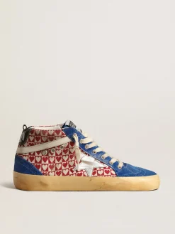Cheap Golden Goose Mid Star Feminino de lona, estampa de coração e estrela prateada Cabedal de lona vermelha e branca com estampa xadrez e coração