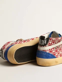 Cheap Golden Goose Mid Star Feminino de lona, estampa de coração e estrela prateada Cabedal de lona vermelha e branca com estampa xadrez e coração