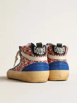 Cheap Golden Goose Mid Star Feminino de lona, estampa de coração e estrela prateada Cabedal de lona vermelha e branca com estampa xadrez e coração