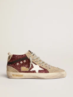Clearance Golden Goose Mid Star feminino em glitter bordô com inserções cinza e estrela branca Cabedal de glitter bordô