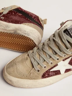 Clearance Golden Goose Mid Star feminino em glitter bordô com inserções cinza e estrela branca Cabedal de glitter bordô