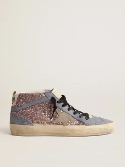 Fashion Golden Goose Mid Star LTD de glitter lilás com inserções de suede azul Cabedal de glitter lilás