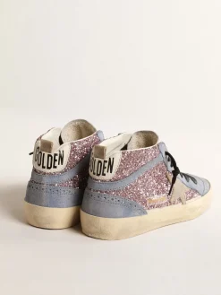 Fashion Golden Goose Mid Star LTD de glitter lilás com inserções de suede azul Cabedal de glitter lilás