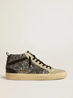 Store Golden Goose Mid Star LTD de glitter preto com estrela e lista de couro preto Cabedal de glitter preto