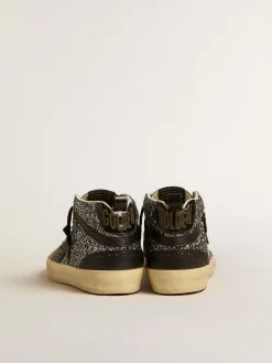 Store Golden Goose Mid Star LTD de glitter preto com estrela e lista de couro preto Cabedal de glitter preto