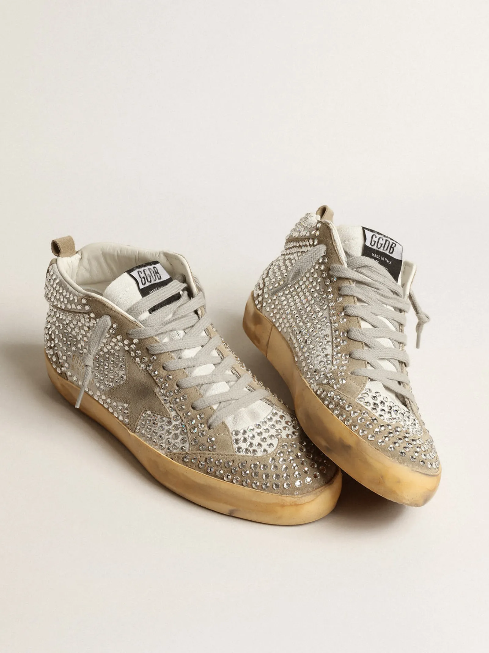 Sale Golden Goose Mid Star LTD de suede branco e havana-rosado com cristais Swarovski Cabedal de suede branco