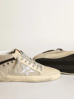 Outlet Golden Goose Mid Star LTD feminino de tela cor creme com estrela prateada Cabedal de tela na cor creme