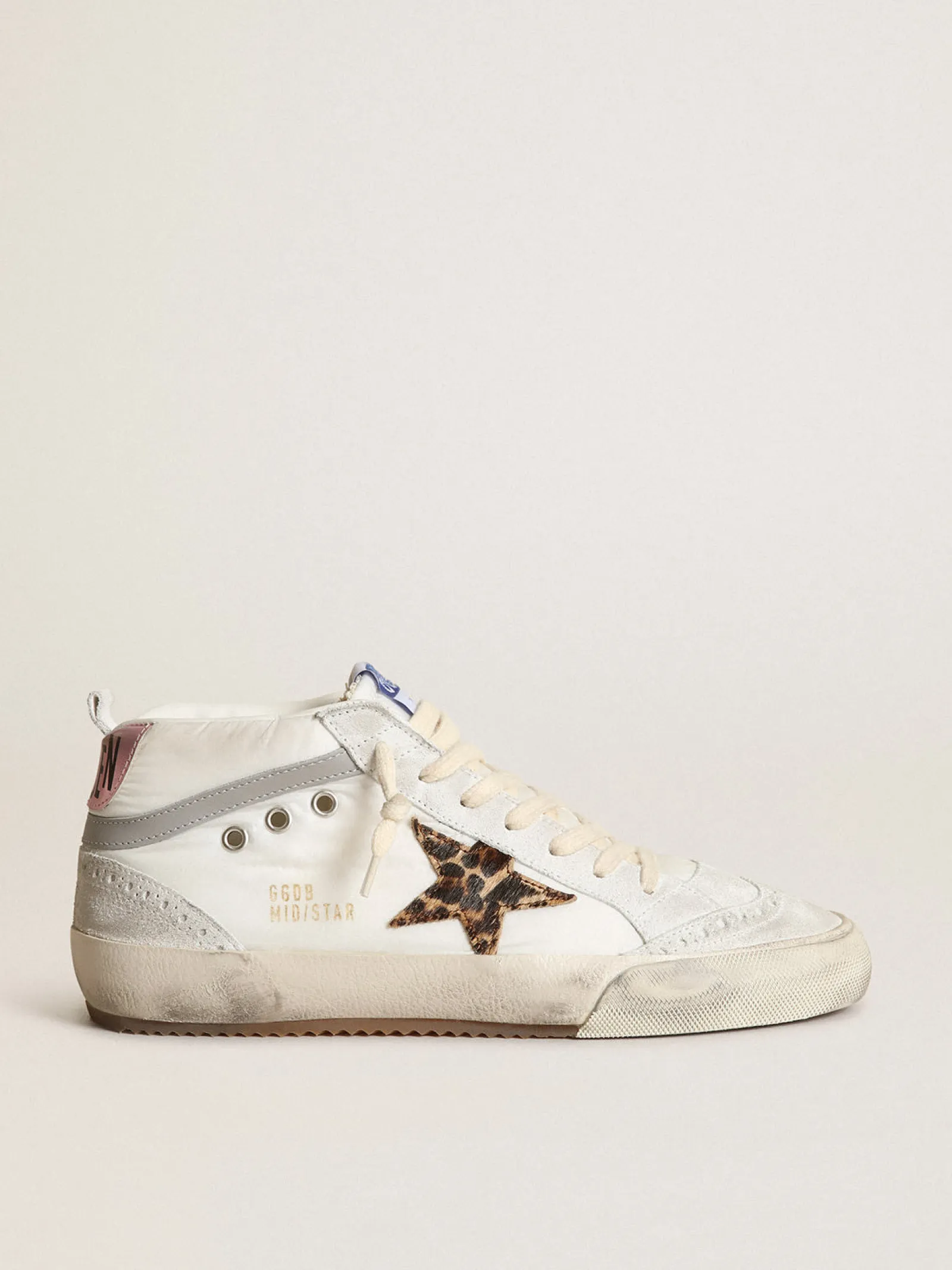 Flash Sale Golden Goose Mid Star LTD feminino de náilon branco com estrela de couro cavalinho leopardo Cabedal de náilon branco