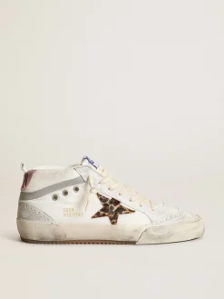 Flash Sale Golden Goose Mid Star LTD feminino de náilon branco com estrela de couro cavalinho leopardo Cabedal de náilon branco