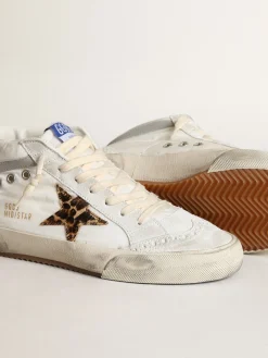 Flash Sale Golden Goose Mid Star LTD feminino de náilon branco com estrela de couro cavalinho leopardo Cabedal de náilon branco
