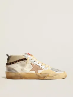 Hot Golden Goose Mid Star LTD, inserções de couro metálico prateado e estrela rosa Cabedal de napa e náilon brancos