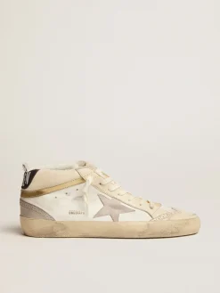 New Golden Goose Mid Star Masculino com estrela de suede cinza claro e lista dourada Cor: branco e marfim