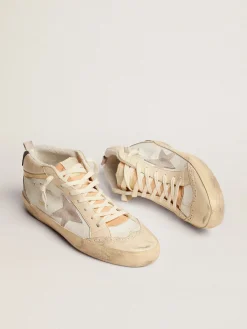 New Golden Goose Mid Star Masculino com estrela de suede cinza claro e lista dourada Cor: branco e marfim