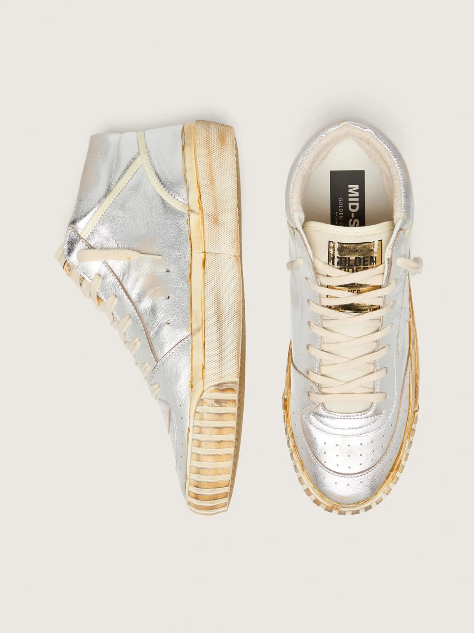 Clearance Golden Goose Mid Star Masculino de couro metálico prateado com estrela cor de marfim Cabedal de couro metálico prateado