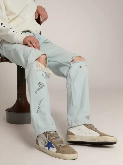Discount Golden Goose Mid Star masculino de couro branco com estrela azul e inserções havana-rosado Cor: branco