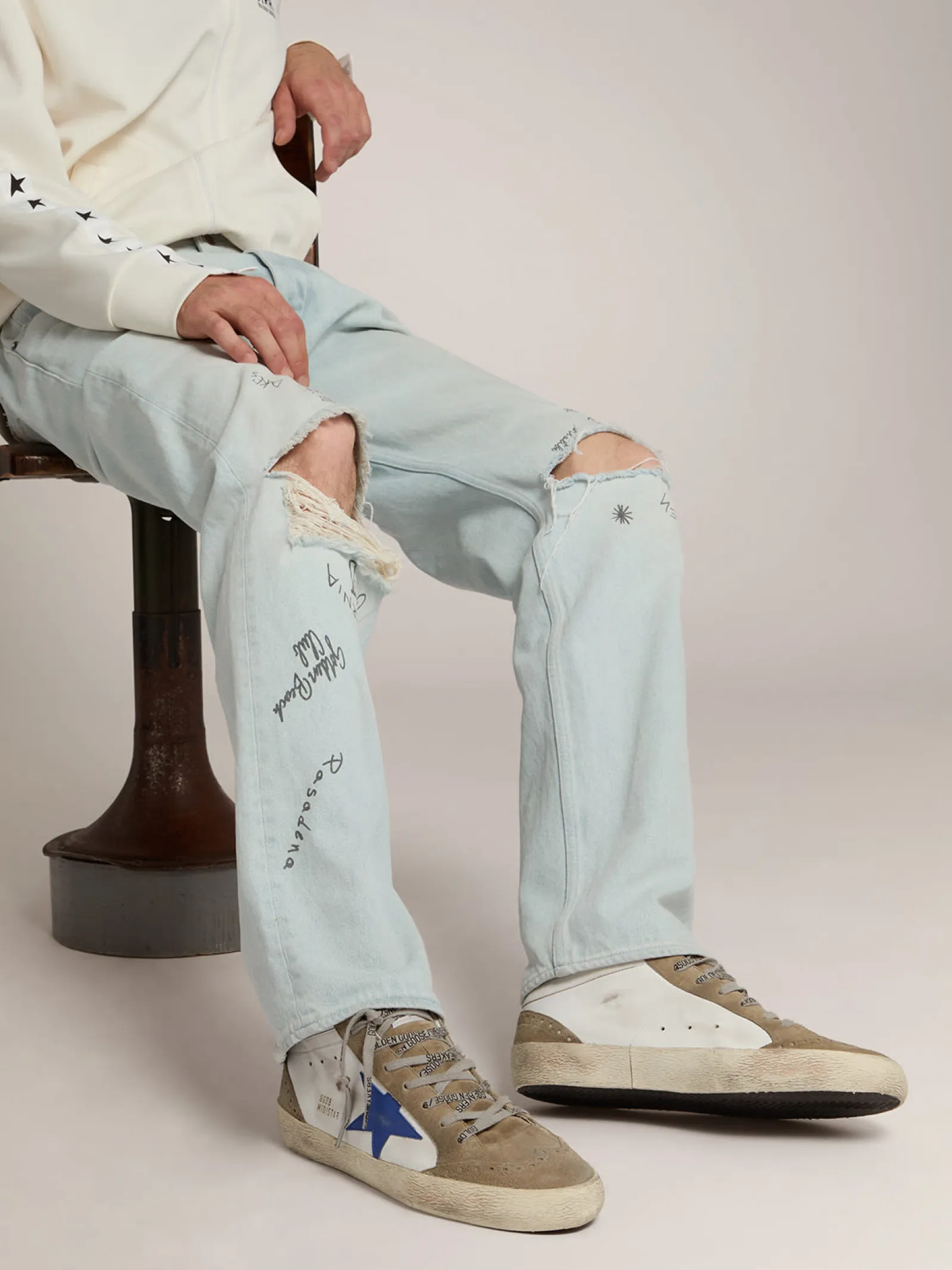 Discount Golden Goose Mid Star masculino de couro branco com estrela azul e inserções havana-rosado Cor: branco