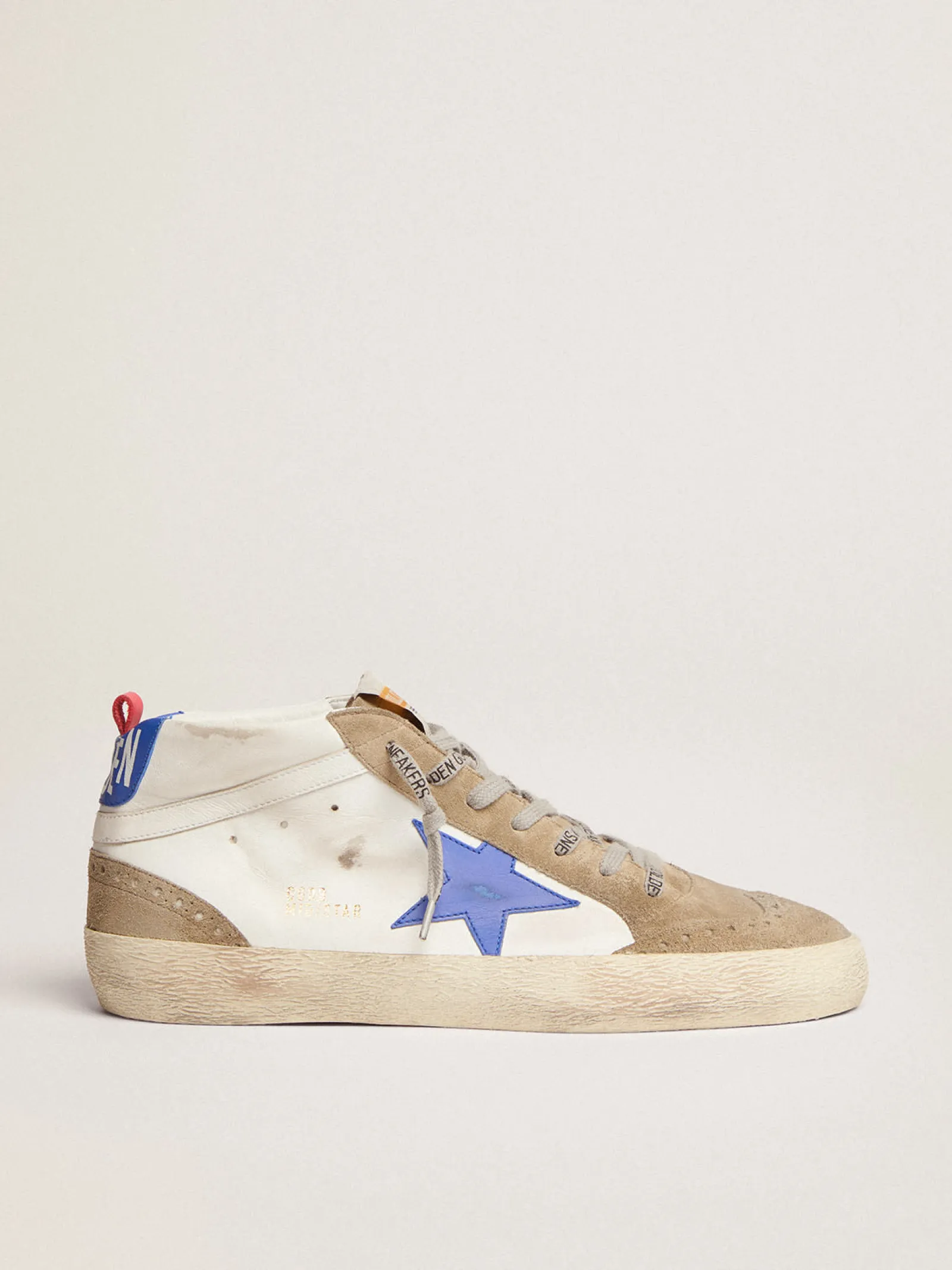 Discount Golden Goose Mid Star masculino de couro branco com estrela azul e inserções havana-rosado Cor: branco