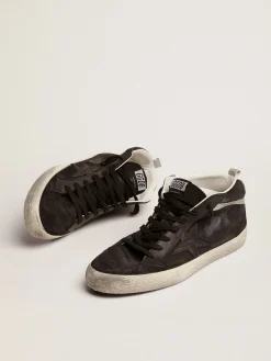 Best Sale Golden Goose Mid Star masculino de nubuk com estrela de couro preto e lista prateada Cabedal de nubuk preto