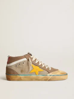Best Golden Goose Mid Star masculino de tela bege, nubuk havana-rosado e estrela amarela Cabedal de tela bege com inserções de nubuk havana-rosado
