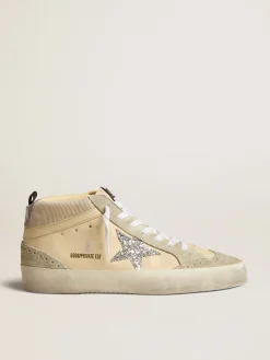 Sale Golden Goose Mid-Star LTD de couro e veludo cotelê com estrela de glitter prateado Cabedal de couro e veludo cotelê na cor cru