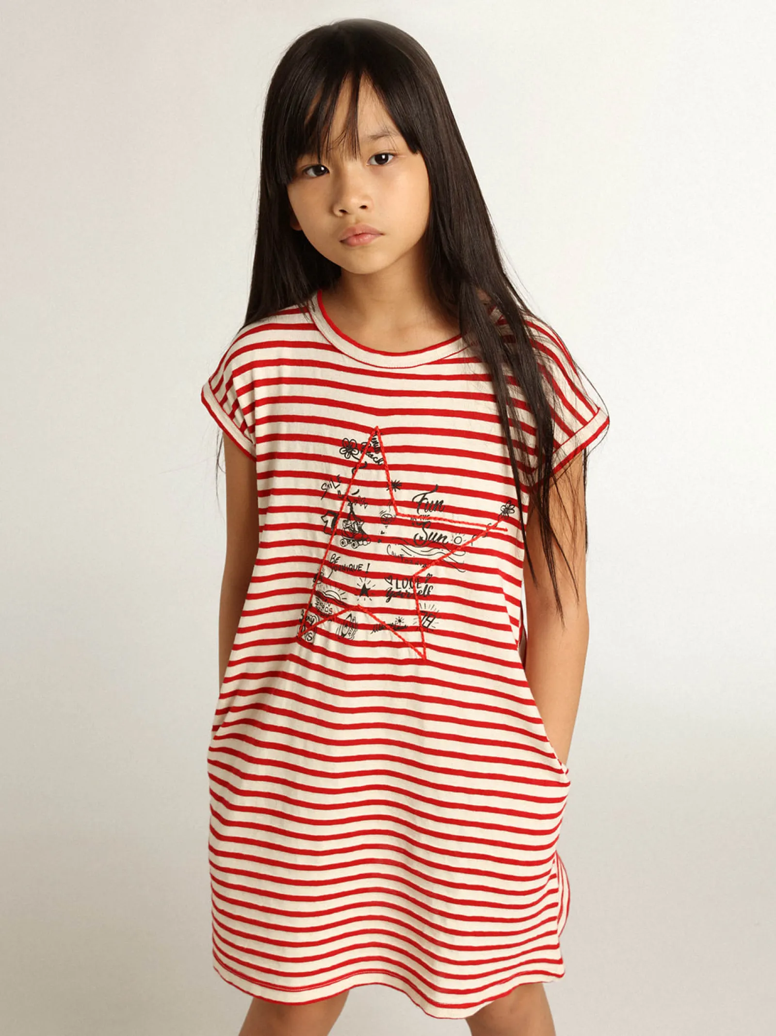 Hot Golden Goose Minivestido com listras brancas e vermelhas e bordado na frente Golden Collection