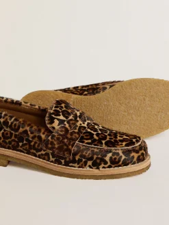 Flash Sale Golden Goose Mocassim Feminino de couro cavalinho com estampa de leopardo Cabedal em cavalino bege e marrom com estampa de leopardo