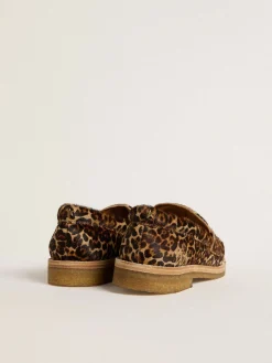 Flash Sale Golden Goose Mocassim Feminino de couro cavalinho com estampa de leopardo Cabedal em cavalino bege e marrom com estampa de leopardo