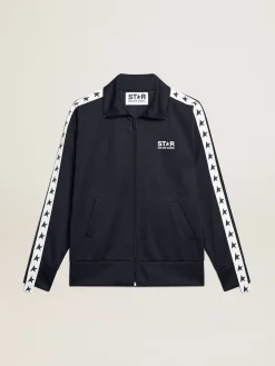Shop Golden Goose Moletom azul-escuro com zíper e fita branca e estrelas em contraste Star Collection