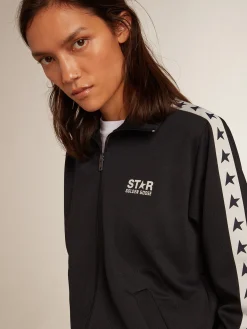 Shop Golden Goose Moletom azul-escuro com zíper e fita branca e estrelas em contraste Star Collection