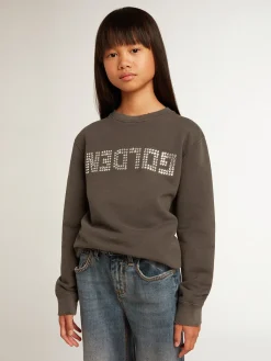 Shop Golden Goose Moletom cinza com tratamento desgastado e escrita com cristais Golden Collection