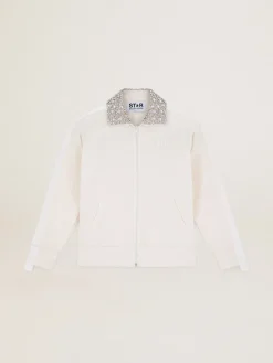 Best Golden Goose Moletom com zíper Denise Coleção Star branco papiro e gola com cristais Cor: branco papiro