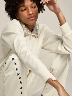 Best Golden Goose Moletom com zíper Denise Coleção Star branco papiro e gola com cristais Cor: branco papiro