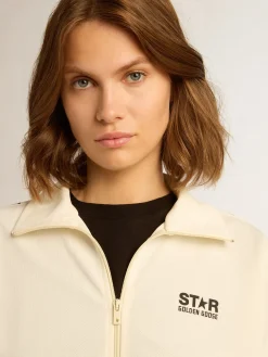 Shop Golden Goose Moletom com zíper feminino branco com faixa branca e estrelas pretas Star Collection