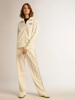 Shop Golden Goose Moletom com zíper feminino branco com faixa branca e estrelas pretas Star Collection