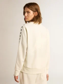 Shop Golden Goose Moletom com zíper feminino branco com faixa branca e estrelas pretas Star Collection