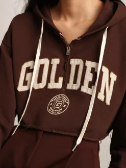 Best Golden Goose Moletom cropped com capuz Coleção Journey na cor marrom castanha com inscrição Golden branca em contraste Cor: marrom castanha